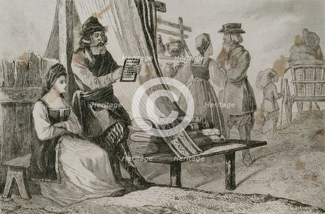 Russian merchant makes calculations by means of an abacus, 1839.  Creator: Augustin François Lemaitre.
