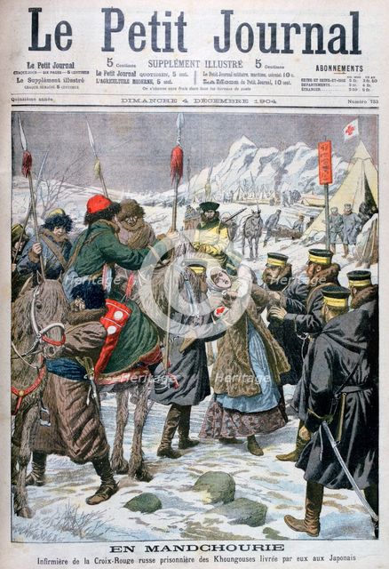 Russian nurse taken prisoner by the Manchus being handed over to the Japanese, Manchuria, 1904. Artist: Unknown