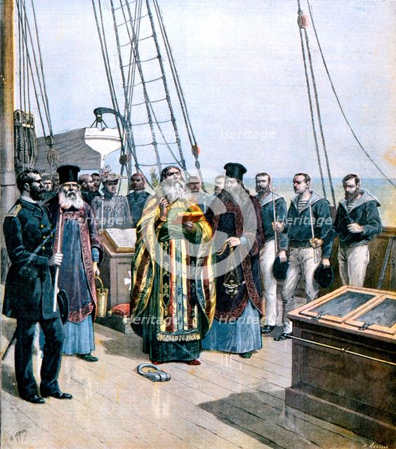 Russian Orthodox priests performing ceremony of naming the yacht of Grand Duke Alexis, 1891. Artist: Unknown