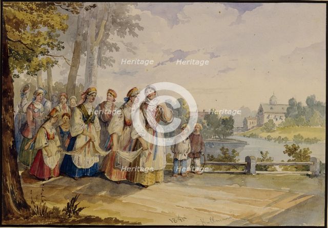 Russian peasant girls with Festival Dress, 1845. Artist: Kolmann, Karl Ivanovich (1786-1846)