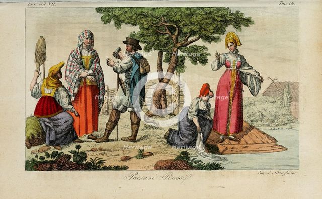 Russian Peasants. Illustration from Il costume antico e moderno o storia del governo… by Giulio Ferrario, 1831. Artist: Giarrè, Luigi (1772-1844)