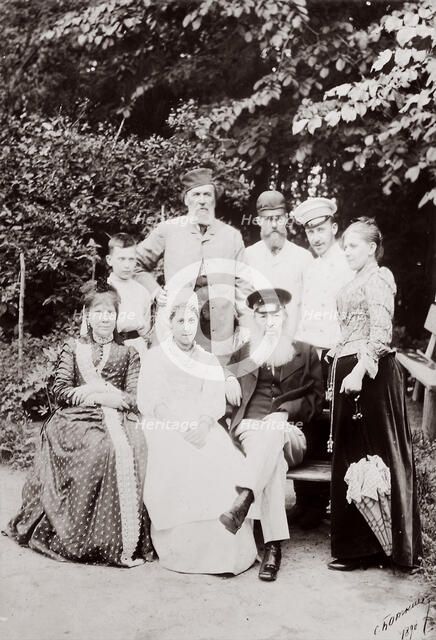 Russian poet Yakov Polonsky and his family visiting the poet Afanasy Fet, c1890.  Artist: Sergei Dmitrievich Botkin