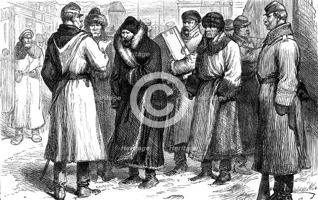 Russian political prisoners at a railway station, 1881. Creator: Unknown.