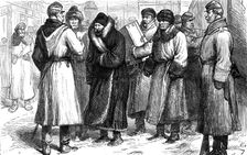 Russian political prisoners at a railway station, 1881. Creator: Unknown