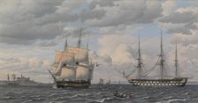 Russian sailing ships at the mouth of Helsingør harbor, 1826. Creator: CW Eckersberg
