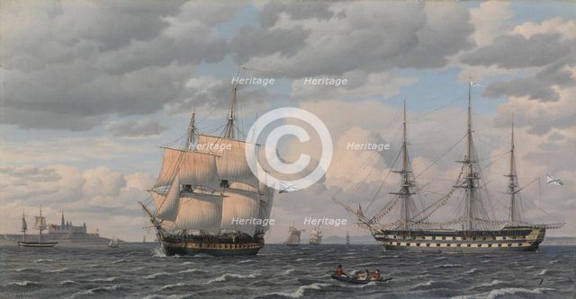 Russian sailing ships at the mouth of Helsingør harbor, 1826. Creator: CW Eckersberg.