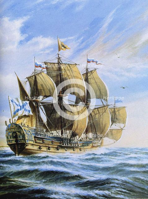 Russian ship of the line Poltava, 1712. Artist: Anonymous  