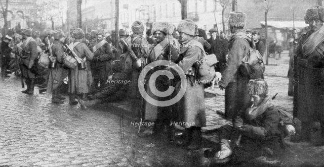 Russian Siberian infantry troops in Warsaw, Poland, 1914. Artist: Unknown