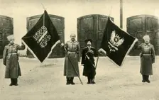 Russian soldiers with captured Turkish flags, First World War, 1915-1916, (c1920). Creator: Unknown