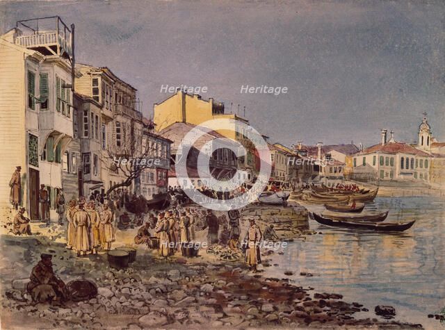 Russian Soldiers at the Embankment in San Stefano, 1878. Artist: Makarov, Evgeni Kirillovich (1842-1884)