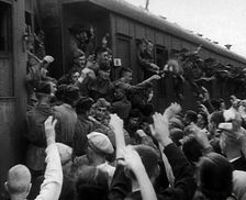 Russian Soldiers Being Waved to as They Head Off to the Front by Train, 1941. Creator: British Pathe Ltd