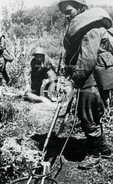 Russian soldiers clearing mines, west of Minsk, 1944. Artist: Unknown