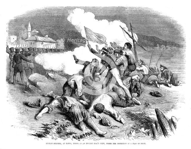 Russian soldiers firing on an English boat's crew, under the protection of a flag of truce, 1855. Artist: Unknown