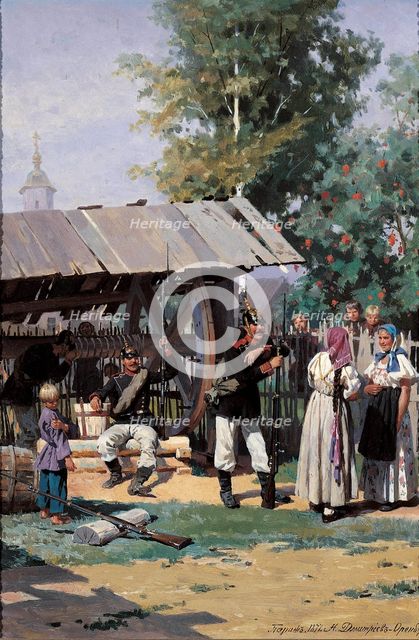 Russian Soldiers in a Country Village, 1877. Artist: Dmitriev-Orenburgsky, Nikolai Dmitrievich (1837-1898)