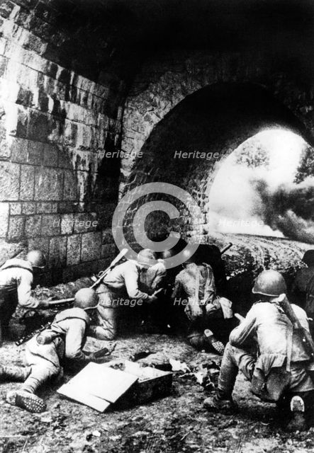 Russian soldiers in action near Riga, Latvia, 1944. Artist: Unknown