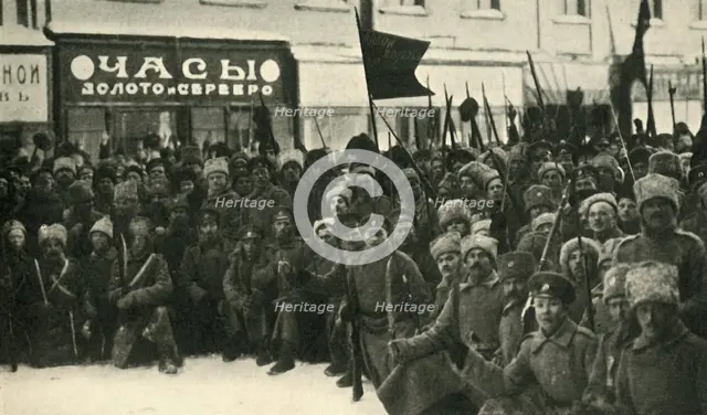Russian soldiers in Petrograd, First World War, 1917, (c1920). Creator: Unknown.