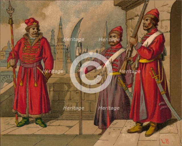 'Russian Strelitzi and Turkish Guards of the 17th Century - Officer, Privates', c19th century. Artist: Unknown.