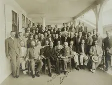 Russians & newspaper men - Sergei Witte, Baron Rosen with their suite and newspaper men, 1905. Creator: Perry Enoch Conner