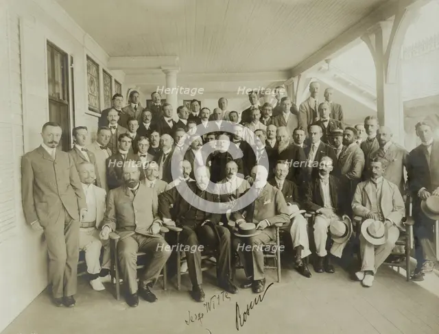Russians & newspaper men - Sergei Witte, Baron Rosen with their suite and newspaper men, 1905. Creator: Perry Enoch Conner.