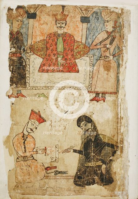 Rustaveli dictates his poem to a chancellor. Illustration to the poem The Knight in the Panther's Skin by Shota Rustaveli, Mid of 17th cen.. Artist: Tavakalashvili, Mamuka (1611-1657)