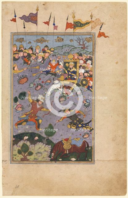 Rustam meets the challenge of Ashkabus, from a Shah-nama (Book of Kings) of Firdausi...c1590-1600. Creator: Unknown.
