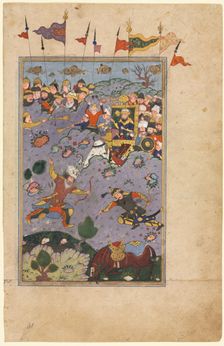 Rustam meets the challenge of Ashkabus, from a Shah-nama (Book of Kings) of Firdausi...c1590-1600. Creator: Unknown
