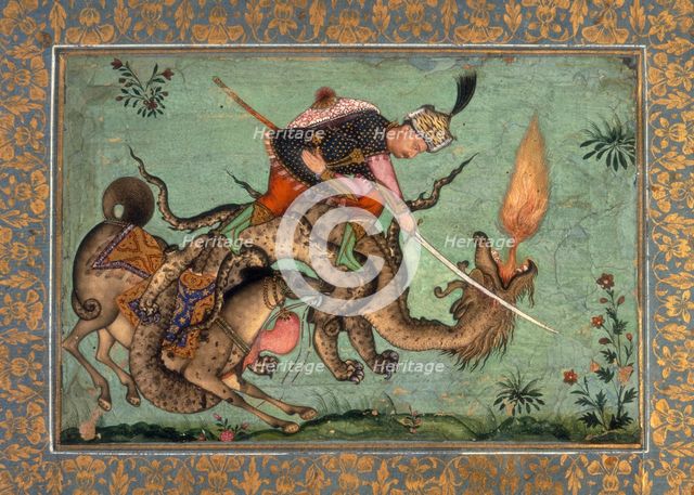 Rustam and his horse Rahksh fighting a dragon. 1640-1660.  Creator: Unknown.