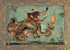 Rustam and his horse Rahksh fighting a dragon. 1640-1660. Creator: Unknown