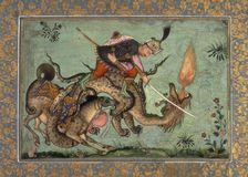 Rustam and his horse Rahksh fighting a dragon. 1640-1660. Creator: Unknown