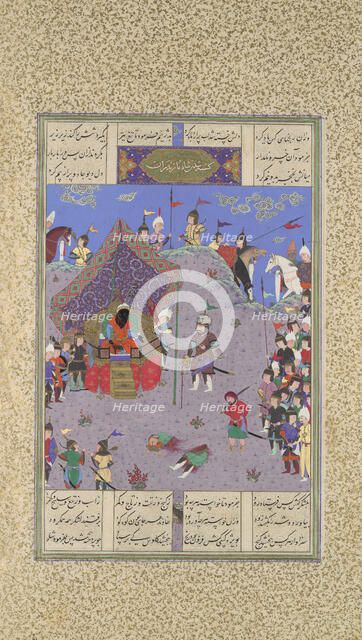 Rustam Brings the Div King to Kai Kavus for Execution, Folio 127v from the..., ca. 1525-30. Creators: Qasim ibn 'Ali, Mir Musavvir.
