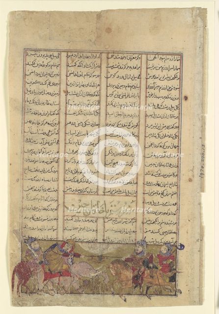 Rustam Lassos the Khaqan of Chin, Pulling him from his White Elephant, Folio from..., c1330-40. Creator: Unknown.