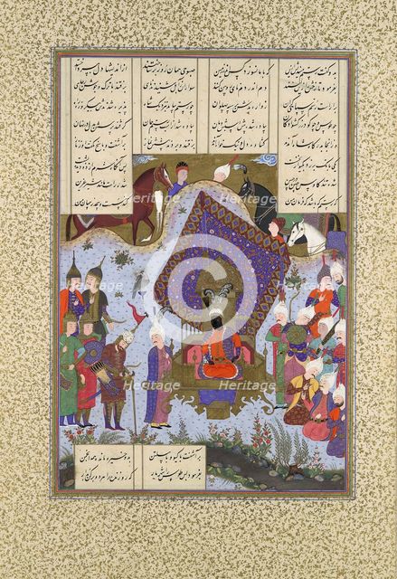 Rustam Pained Before Kai Kavus, Folio 146r from the Shahnama (Book of Kings)..., ca. 1525-30. Creator: Bashdan Qara.