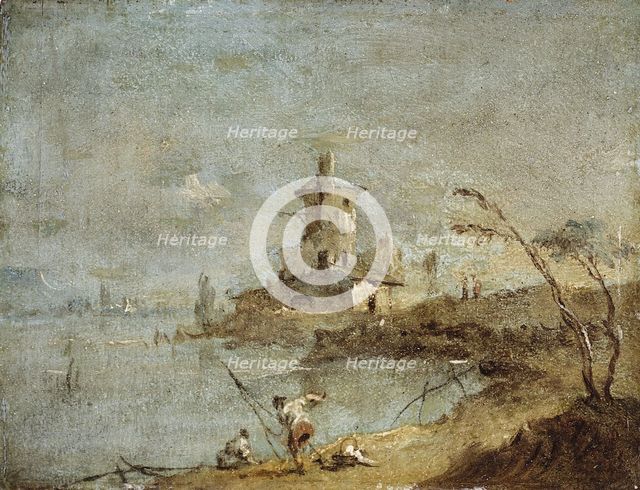 Rustic Caprice, with tower beside water. Creator: Francesco Guardi.