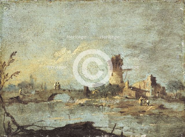 Rustic caprice, with ruined bridge and tower. Creator: Francesco Guardi.