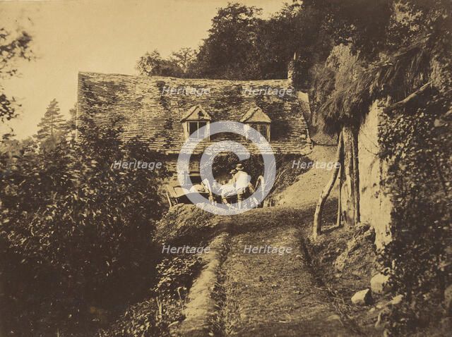 Rustic Cottage with Figures and Carts, ca. 1855. Creator: Unknown.