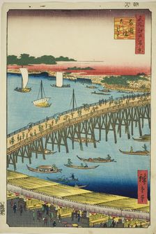 Ryogoku Bridge and the Great Riverbank (Ryogokubashi Okawabata), from the series..., 1856. Creator: Ando Hiroshige