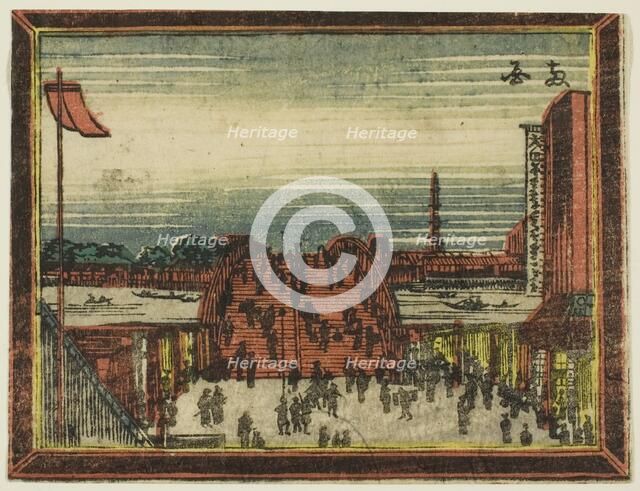 Ryogoku Bridge, from the series Dutch-style Pictures: Eight Views of Edo (Oranda...Japan, 1804/16. Creator: Hokusai.