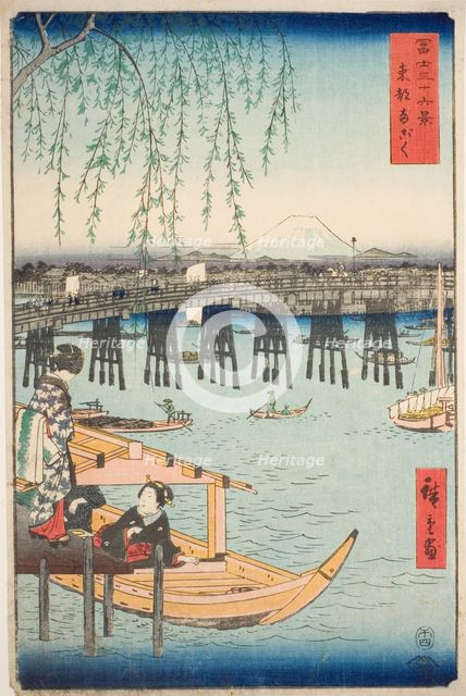 Ryogoku Bridge in the Eastern Capital (Toto Ryogoku), from the series "Thirty-six Views...", 1858. Creator: Ando Hiroshige.