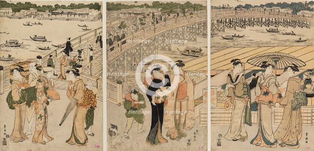 Ryogoku Bridge with figures in the foreground, 18th century. Creator: Utagawa Toyokuni I.