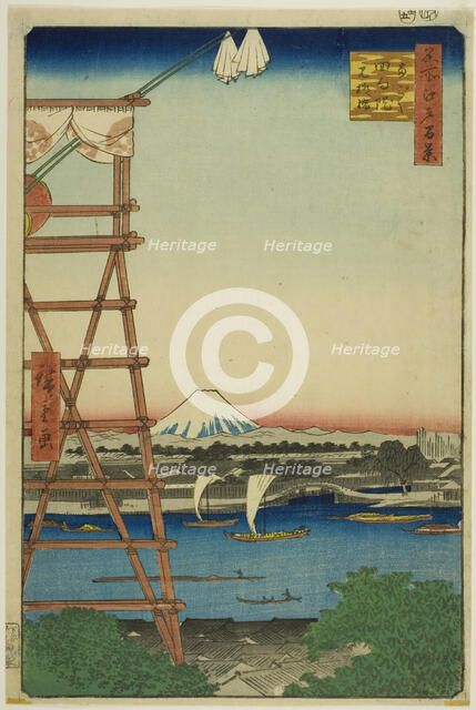 Ryogoku Ekoin and Moto-Yanagi Bridge (Ryogoku Ekoin Moto-Yanagibashi), from the series..., 1857. Creator: Ando Hiroshige.