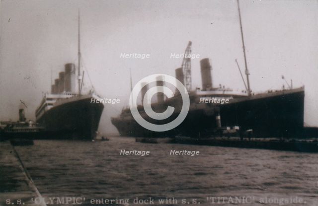 'S.S. 'Olympic' entering dock with S.S. 'Titanic' alongside', 1912. Artist: Unknown.