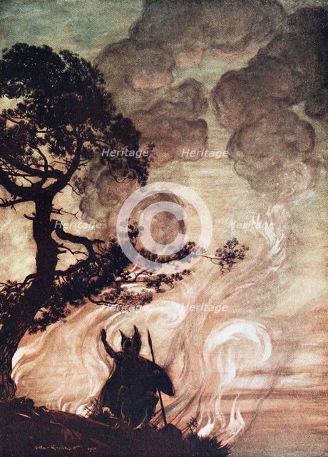 Wotan turns and looks sorrowfully back at Brünnhilde. Illustration for The Rhinegold and The Valkyr Artist: Rackham, Arthur (1867-1939)