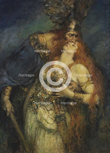Wotan's farewell to Brunhilde, c. 1910. Creator: Leeke, Ferdinand (1859-1937).
