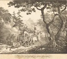 Wounded French Attacked by a Cossack, 1817. Creators: Emile Jean-Horace Vernet, Hippolyte Lecomte