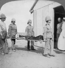 Wounded fusilier after the Boers brave stand near Orange River South Africa, Boer War, 1900. Artist: Underwood & Underwood