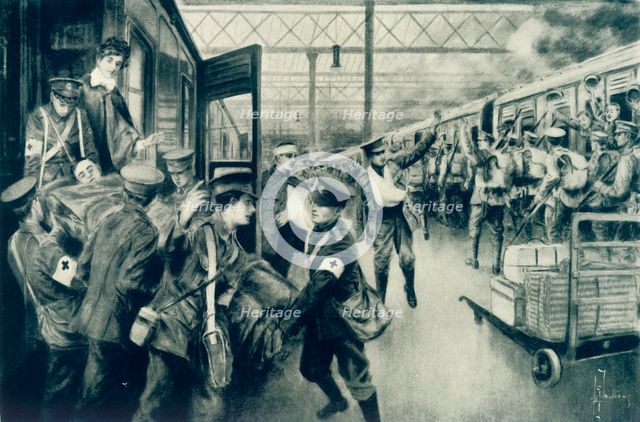 'Wounded in War Arriving at Waterloo Station, London, as an Outward Troop Train Leaves', 1915. Creator: Unknown.