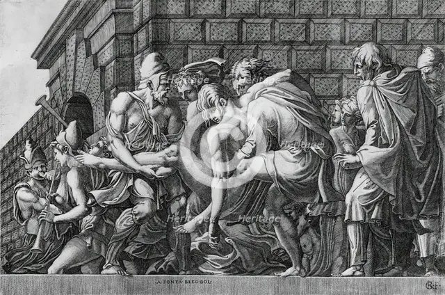 Wounded Paris Carried off the Field of Battle, between circa 1510 and circa 1588. Creators: Master FG, Francesco Primaticcio.