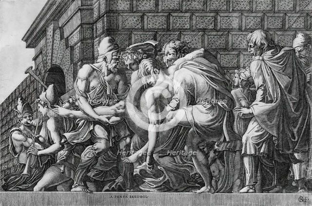 Wounded Paris Carried off the Field of Battle, between circa 1510 and circa 1588. Creators: Master FG, Francesco Primaticcio.