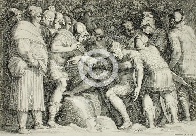 Wounded Scipio Carried from Battle by His Sons, 1593. Creator: Jan Saenredam.