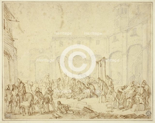 Wounded Soldiers in a Courtyard on Town Square, n.d. Creator: Cornelis de Wael.